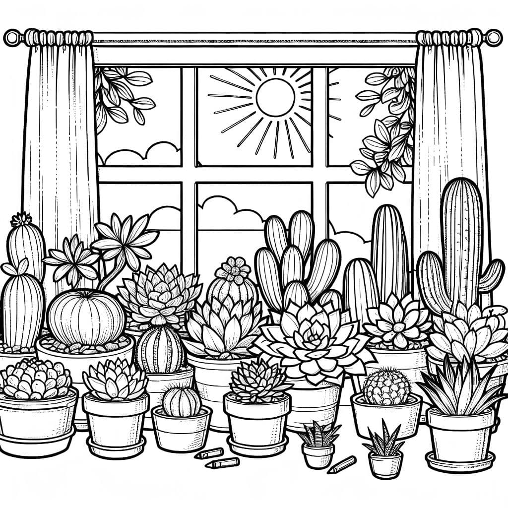 Plantas y cactus en macetas a lo largo de un alféizar.