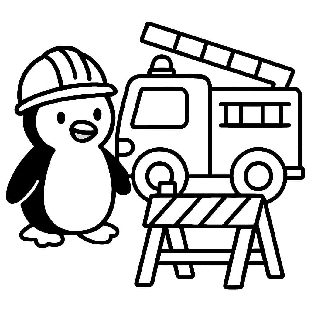 Un pingüino en una obra con un camión de bomberos