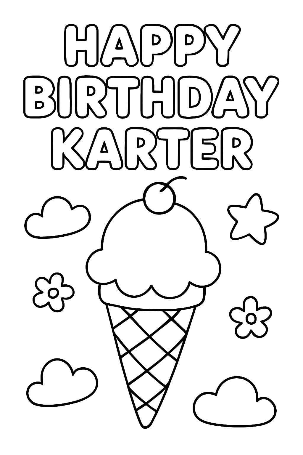 Joyeux anniversaire Karter en lettres bulle et un cornet de glace.