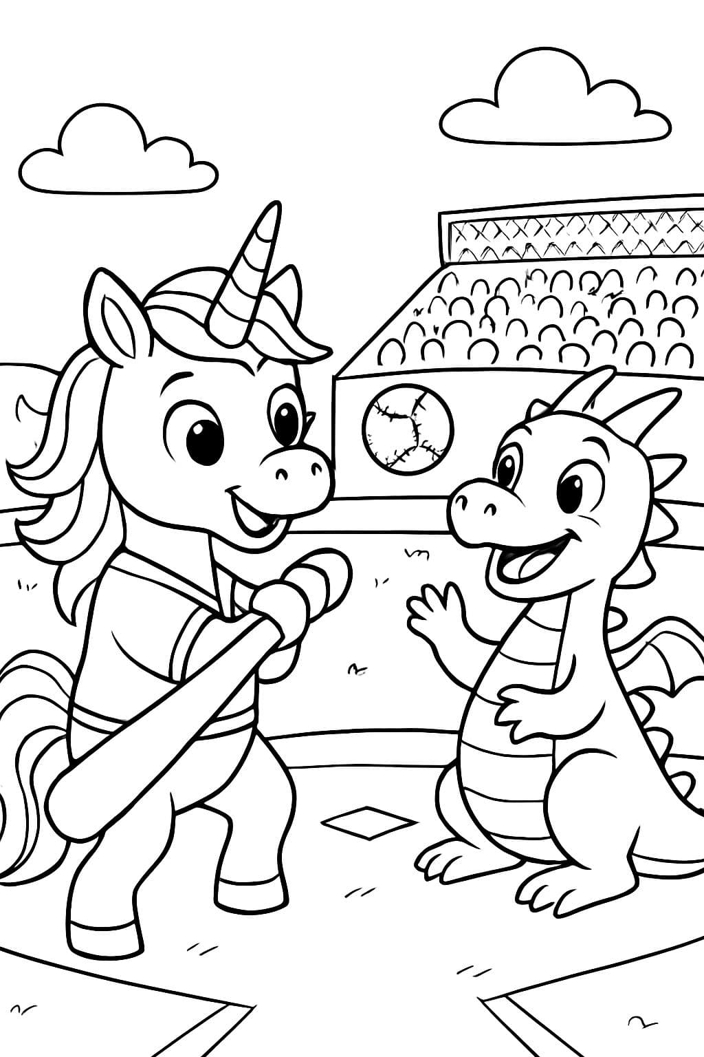 Un unicornio y un dragón en un partido de béisbol