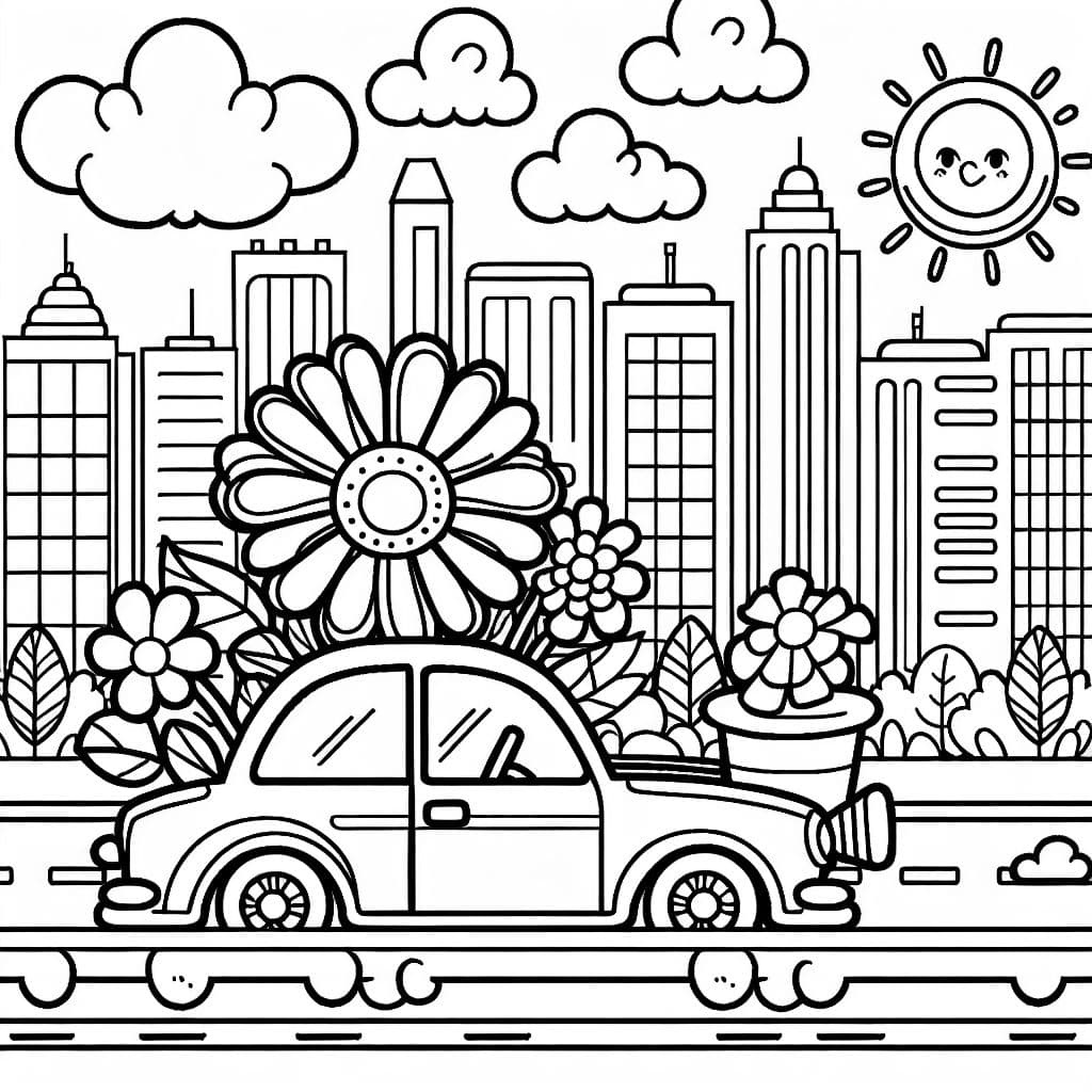 Une fleur épanouie sur une voiture, idéale pour une page de coloriage.