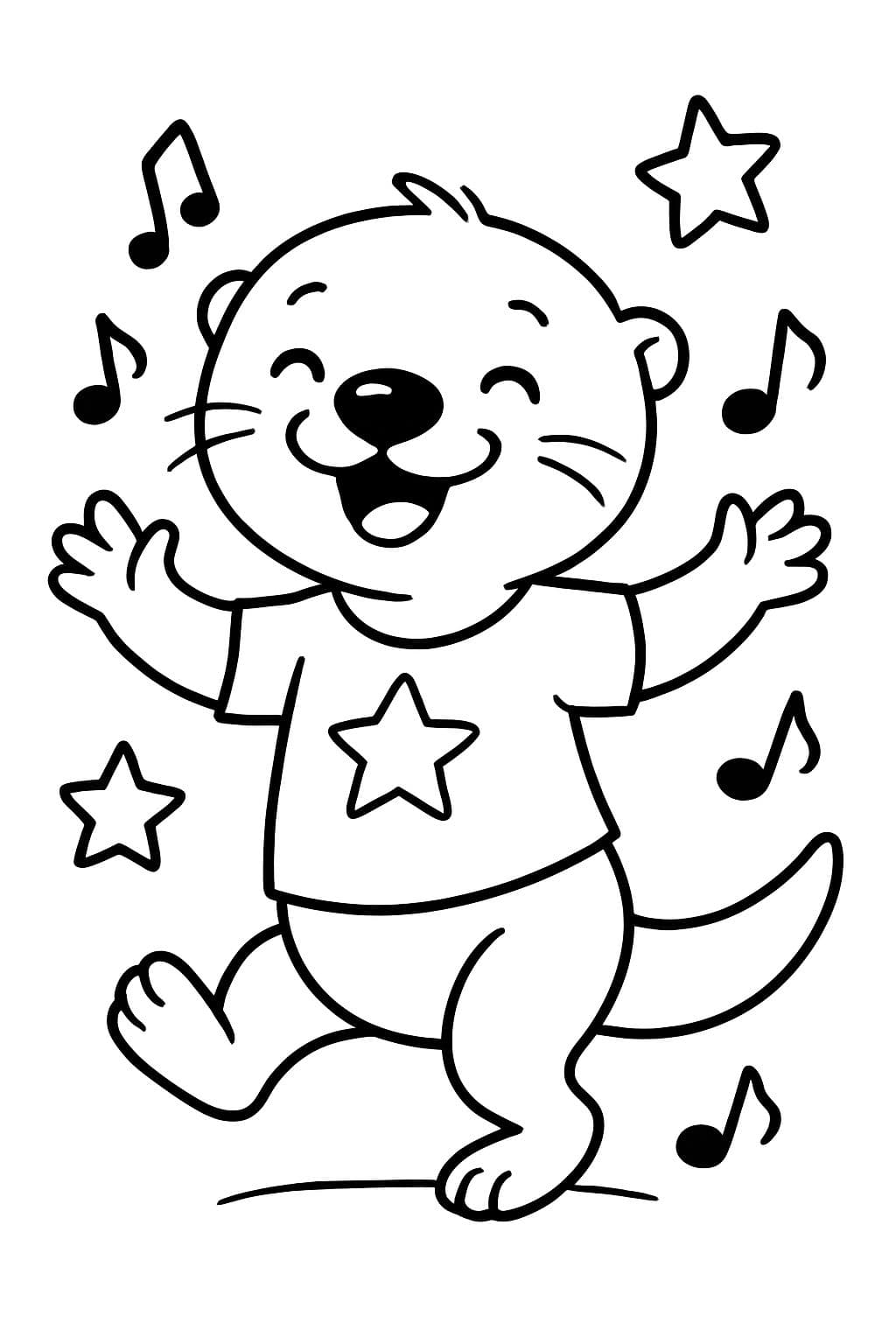 a dancing otter in a solid color t-shirt with a black nose and stars and notes around it