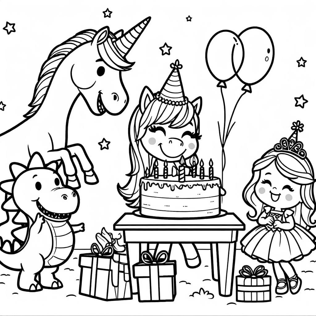 ein Einhorn feiert Geburtstag. die Gäste sind ein Dino, eine Prinzessin und eine Fee
