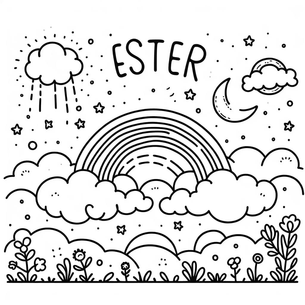un arcoíris, en las nubes. la palabra "Ester" escrita en las nubes.