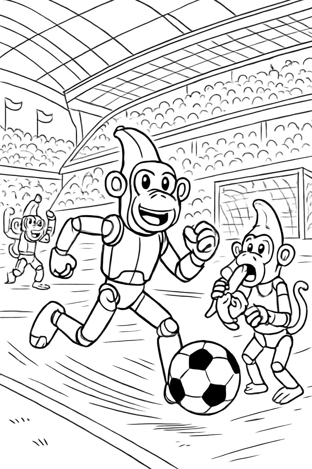 Stade de football avec des singes robots mangeant des bananes et jouant au football
