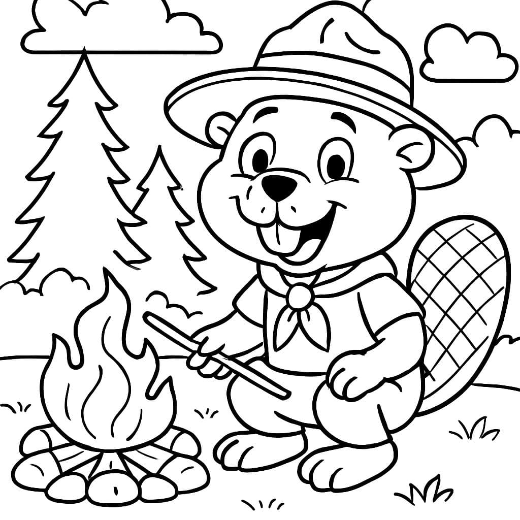 un castor explorador sentado junto a la fogata