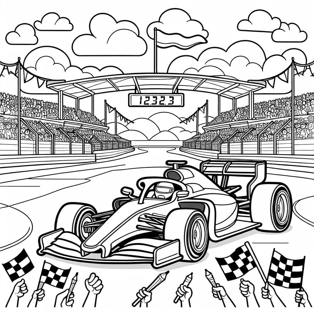 Une super voiture de formule un. En arrière-plan, il y a une piste de course.