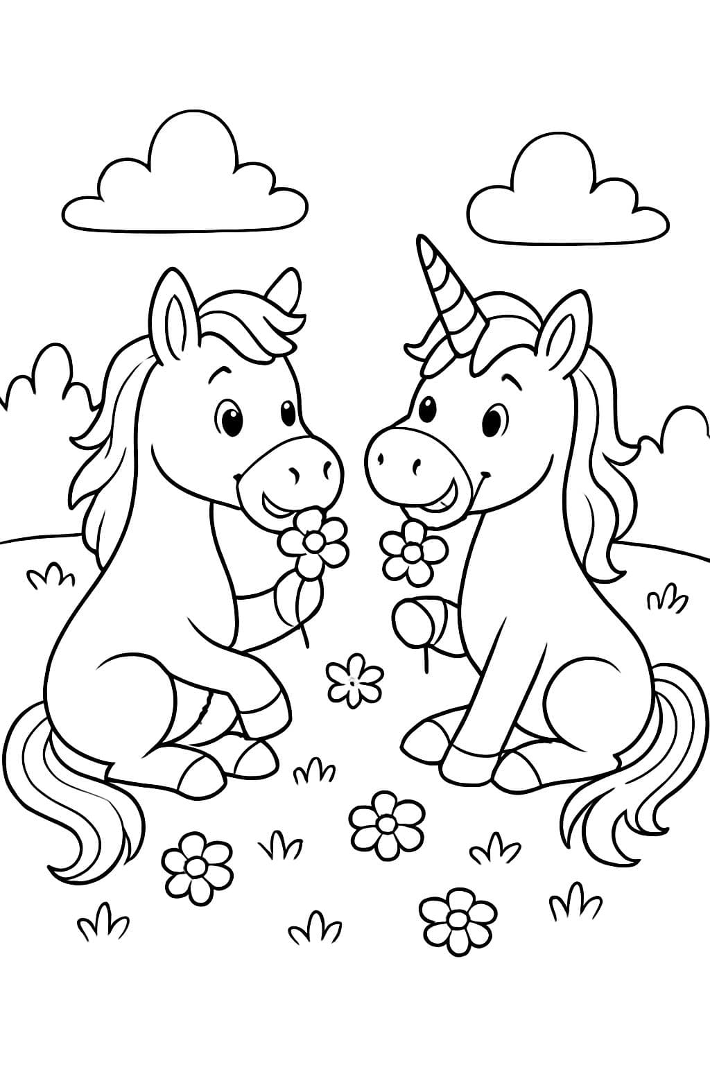 ein Pferd und ein Einhorn zusammen auf einer Wiese, die reiten und dabei Blümchen essen