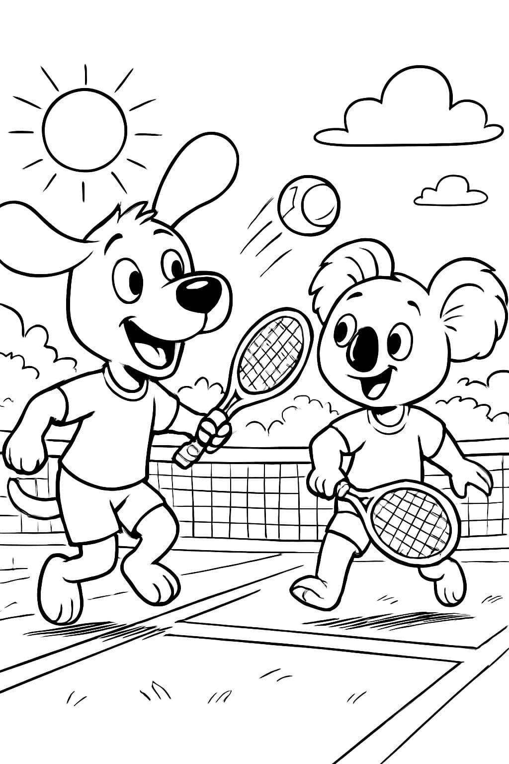 Ein Hund und ein Koala, die zusammen Tennis spielen.