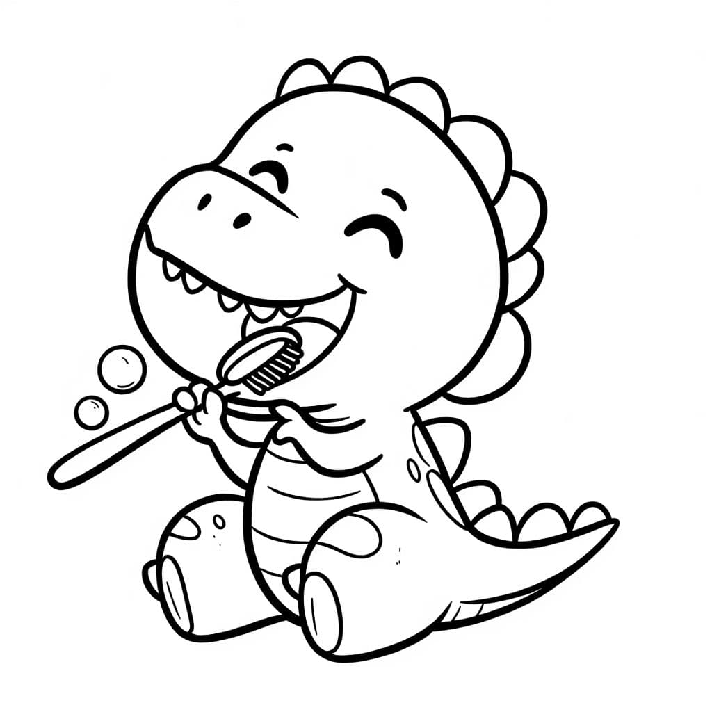 einen Dino, der sich glücklich die Zähne putzt