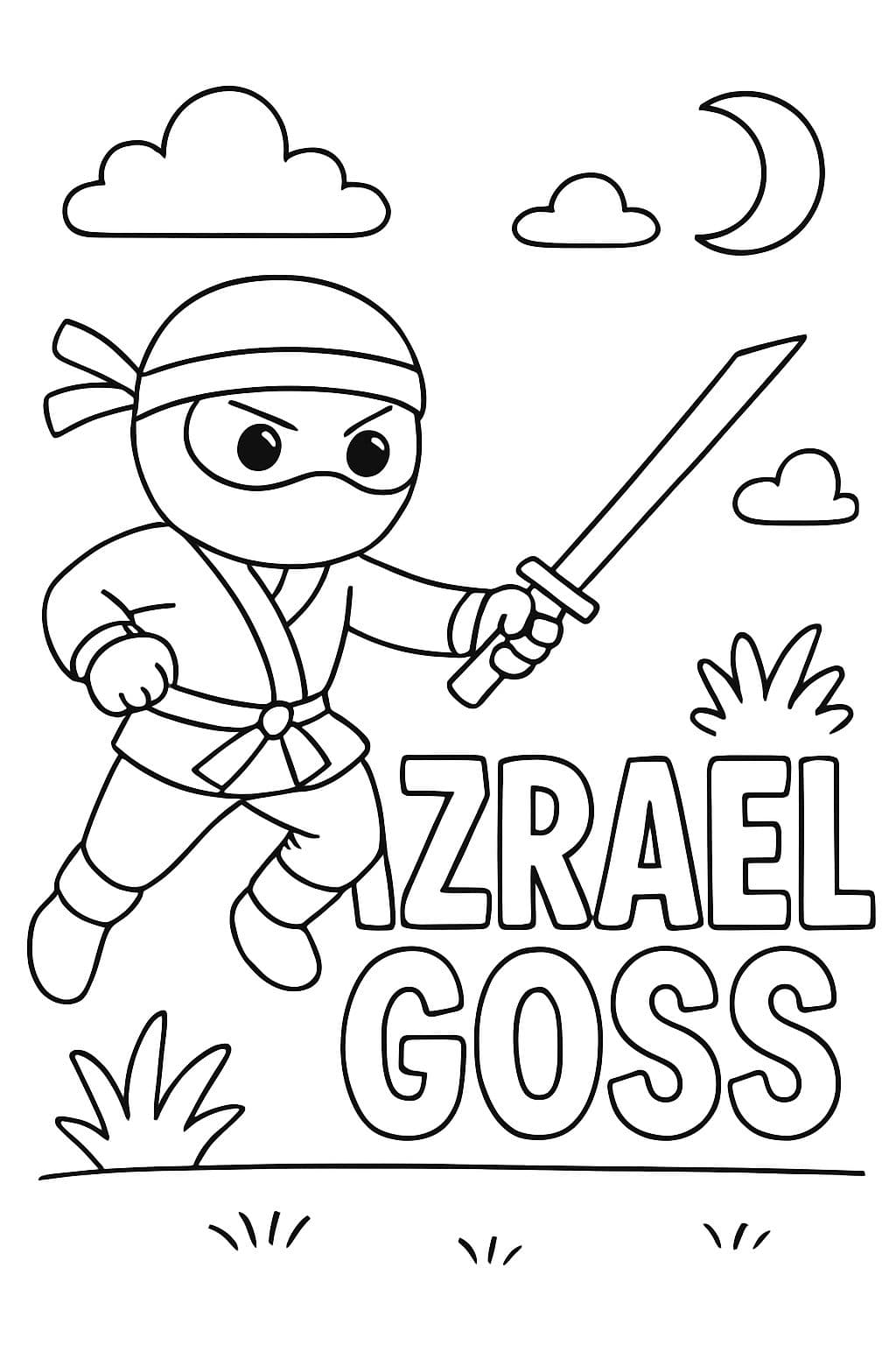 Mi nombre 'Azrael Goss' con arte de estilo ninja alrededor