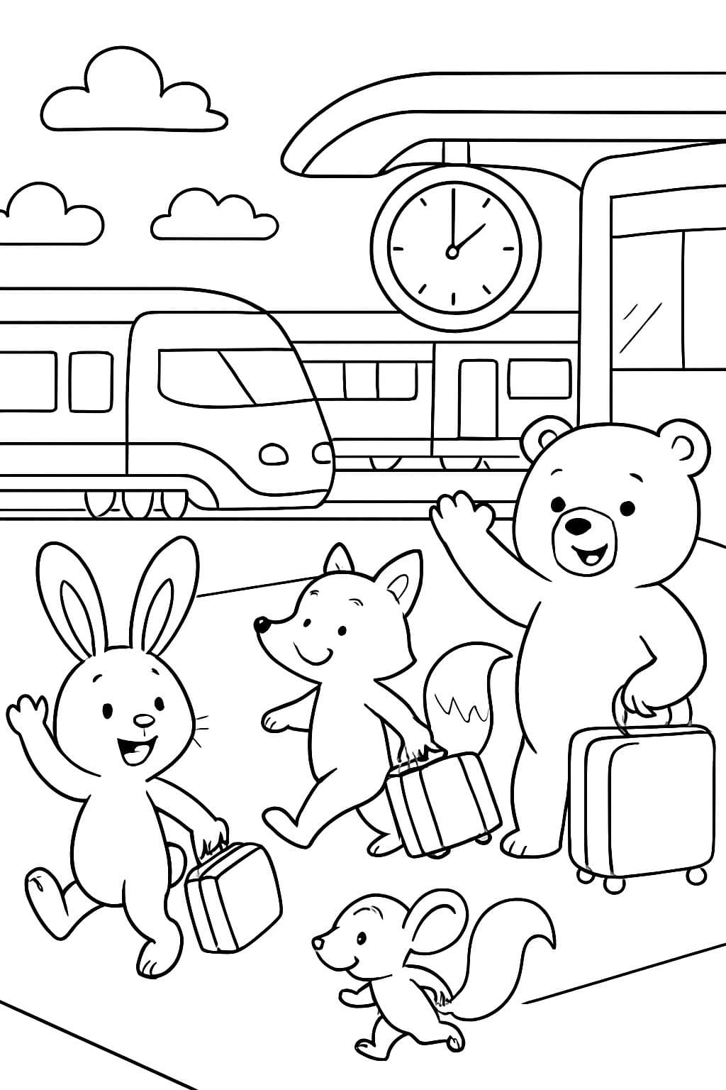 uma estação de trem moderna com animais como viajantes, bagagens e trens