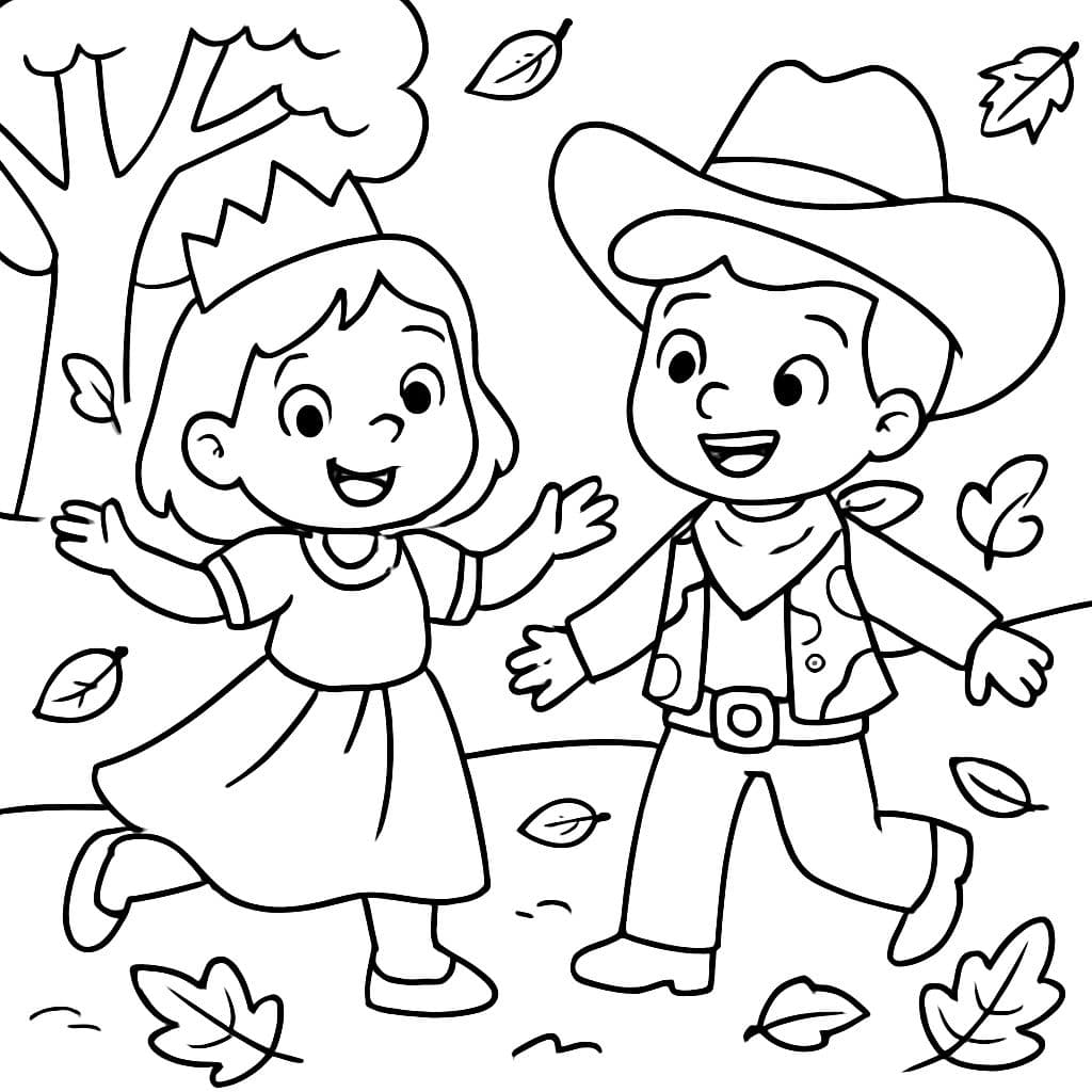 Enfants qui jouent à se déguiser et arrière-plan sur le thème de l'automne