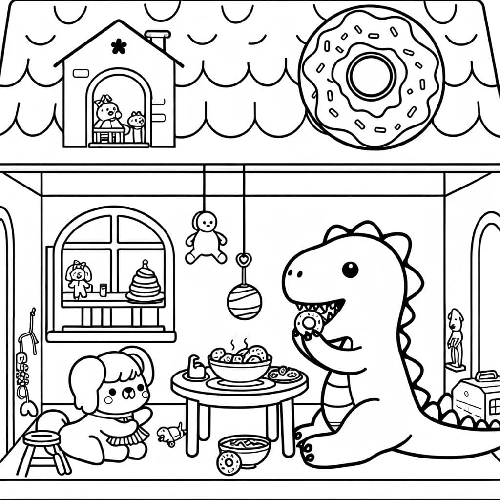 dinosaur eating dinner and donut with a dog and doll in doll house
