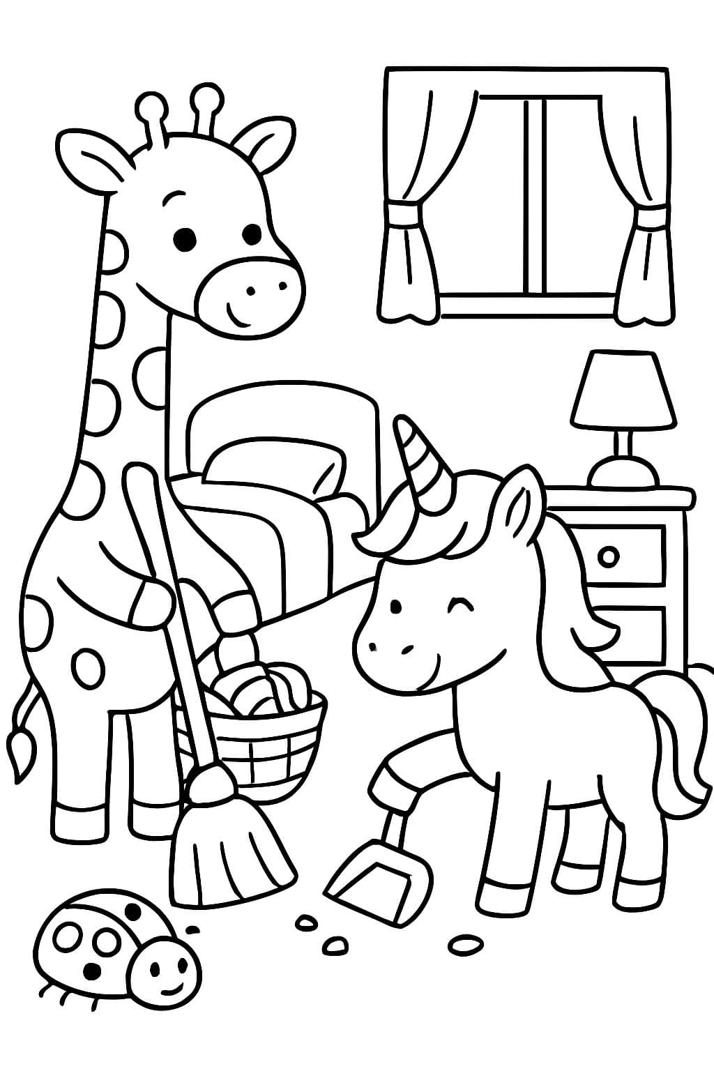 Una jirafa, un escarabajo y un unicornio están ordenando una habitación