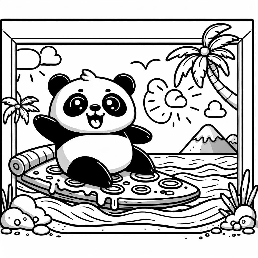 a panda surfing on giant pizza slice in a tropical ocean
