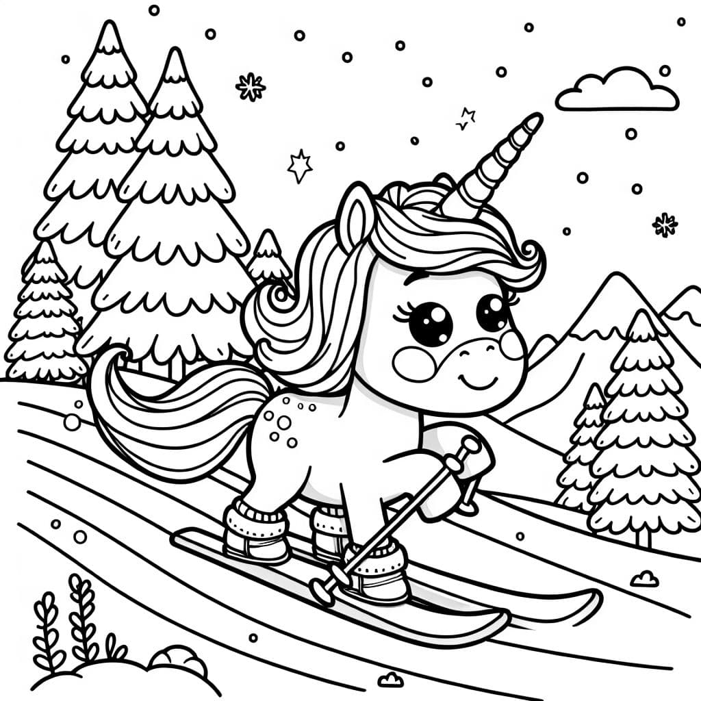 Une licorne qui ski dans la neige. Parfait pour que les enfants colorient.
