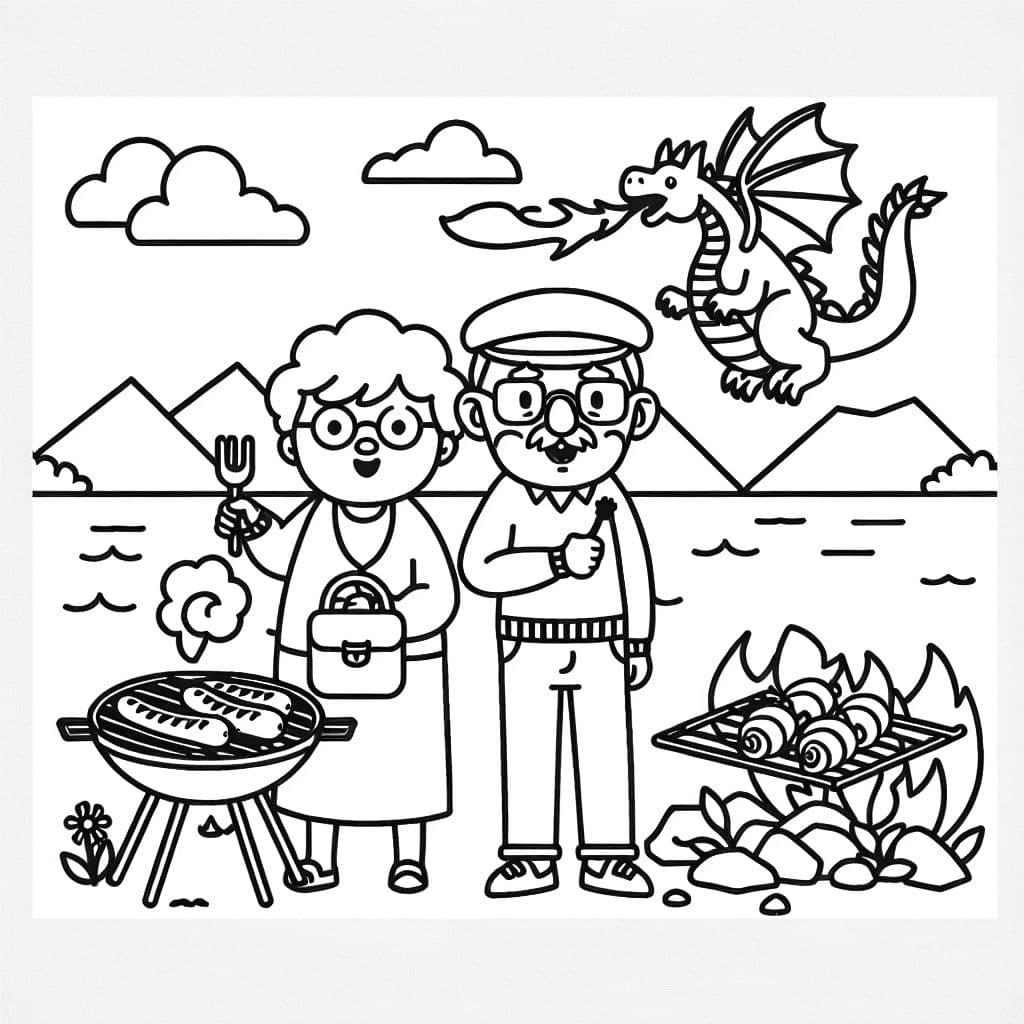 Oma und Opa am See mit Grillwürstchen und einem feuerspuckenden Drachen in der Luft.