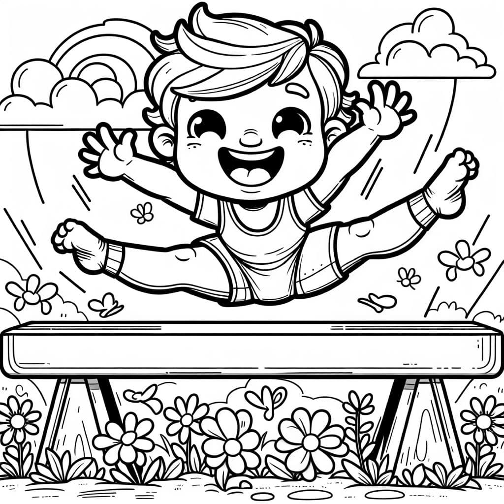 Un niño gimnasta haciendo un salto de split en la barra de equilibrio.