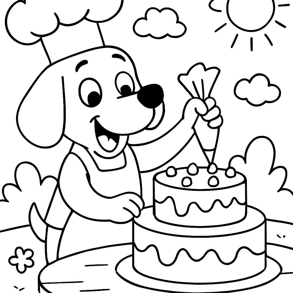 un chien avec un chapeau de chef décorant un gâteau à deux étages