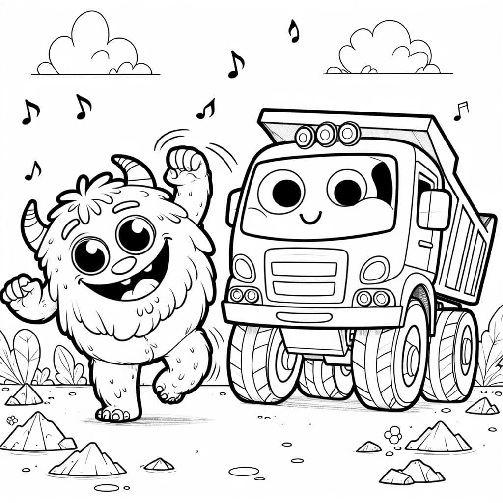 A really happy monster dancing with a dump truck