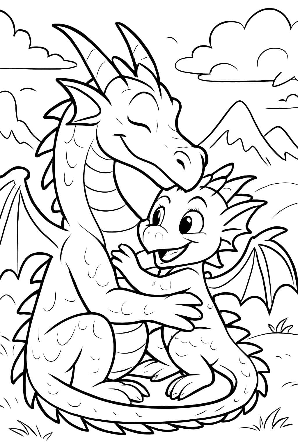 Un papa dragon et une jeune dragonne. Ils sont en train de câliner.
