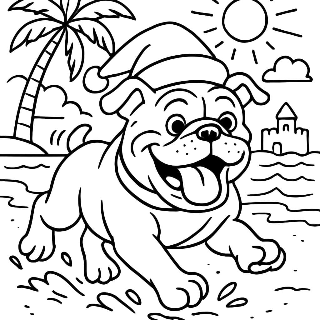 Un bulldog joyeux de Noël jouant dans le sable à la plage