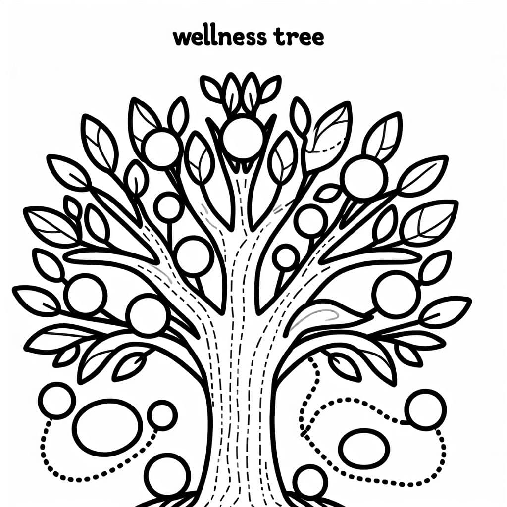 Una hoja para colorear de un árbol que los niños conectan a un árbol de bienestar. Ramas del árbol a puntos que pueden llenar sobre los desafíos que enfrentan y dónde encuentran apoyo.
