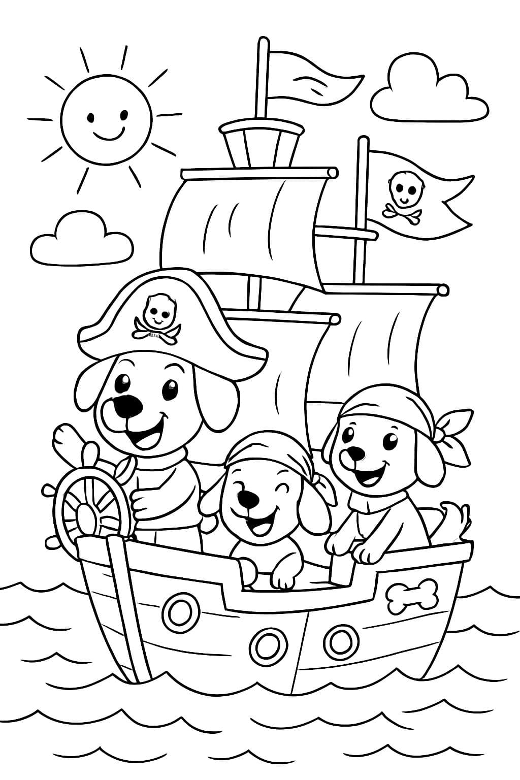 Ein Karton-Piratenschiff mit Flaggen und Hundebildern