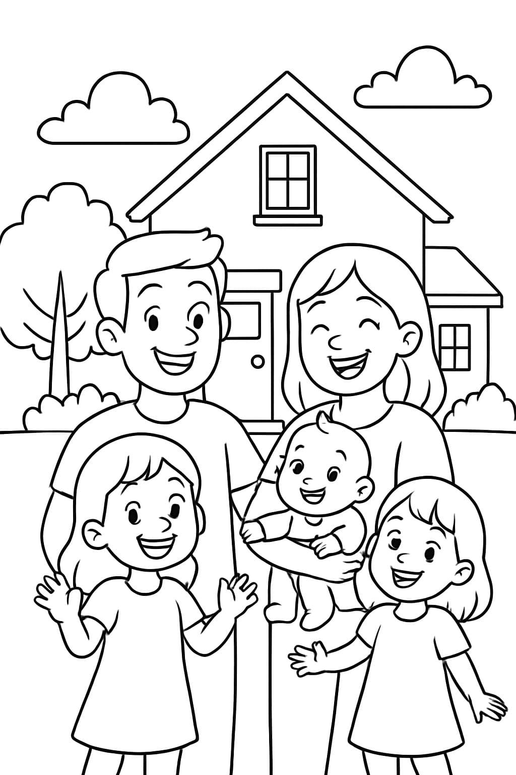 Uma família de 5 com 2 irmãs e um bebê nos braços da mãe em frente a uma casa.