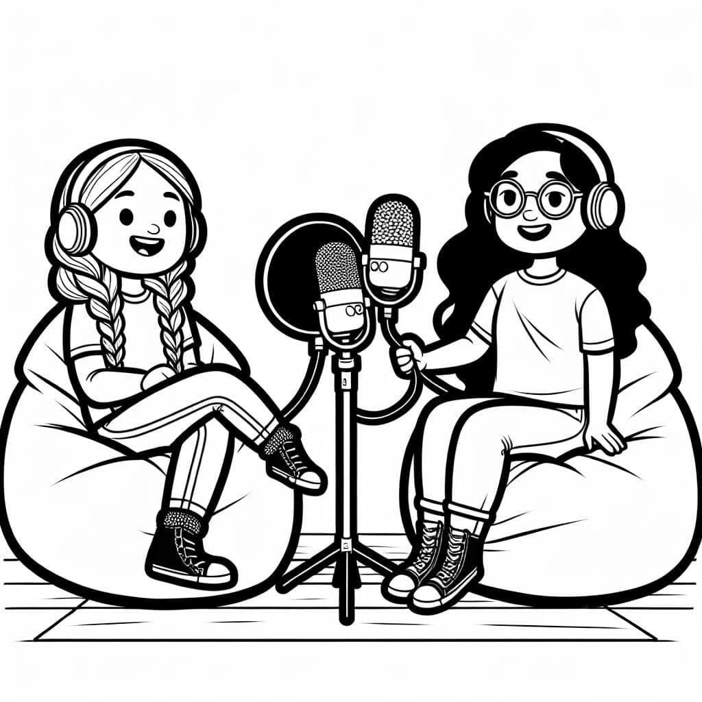Deux meilleurs amis, l'un avec une tresse et l'autre avec de longs cheveux et des lunettes enregistrant un podcast, assis sur des poufs avec leur propre micro.