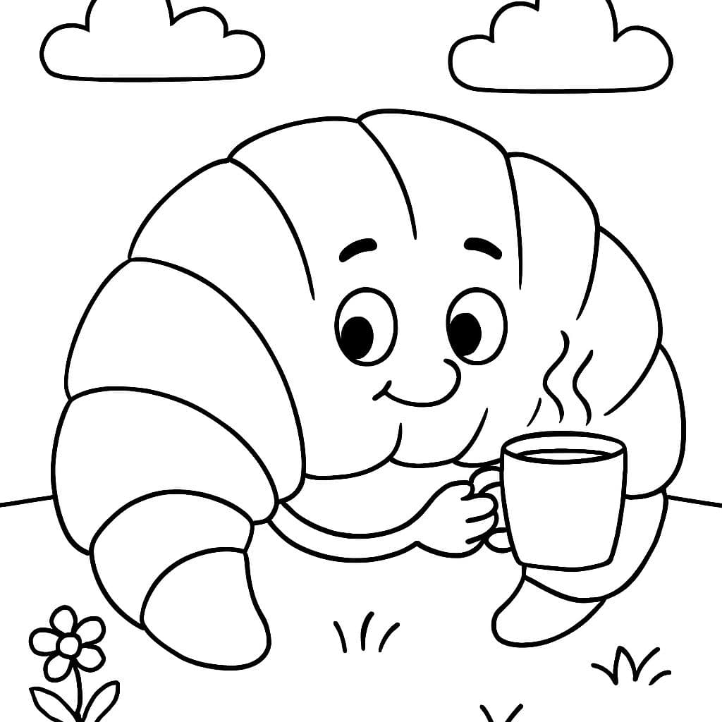 Ein croissant mit sieben segmenten das einen kaffee trinkt