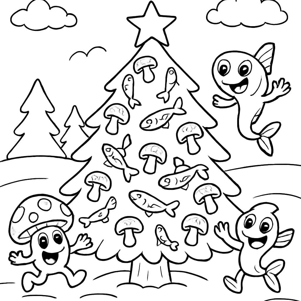 Un sapin de Noël décoré avec des anchois et des champignons.