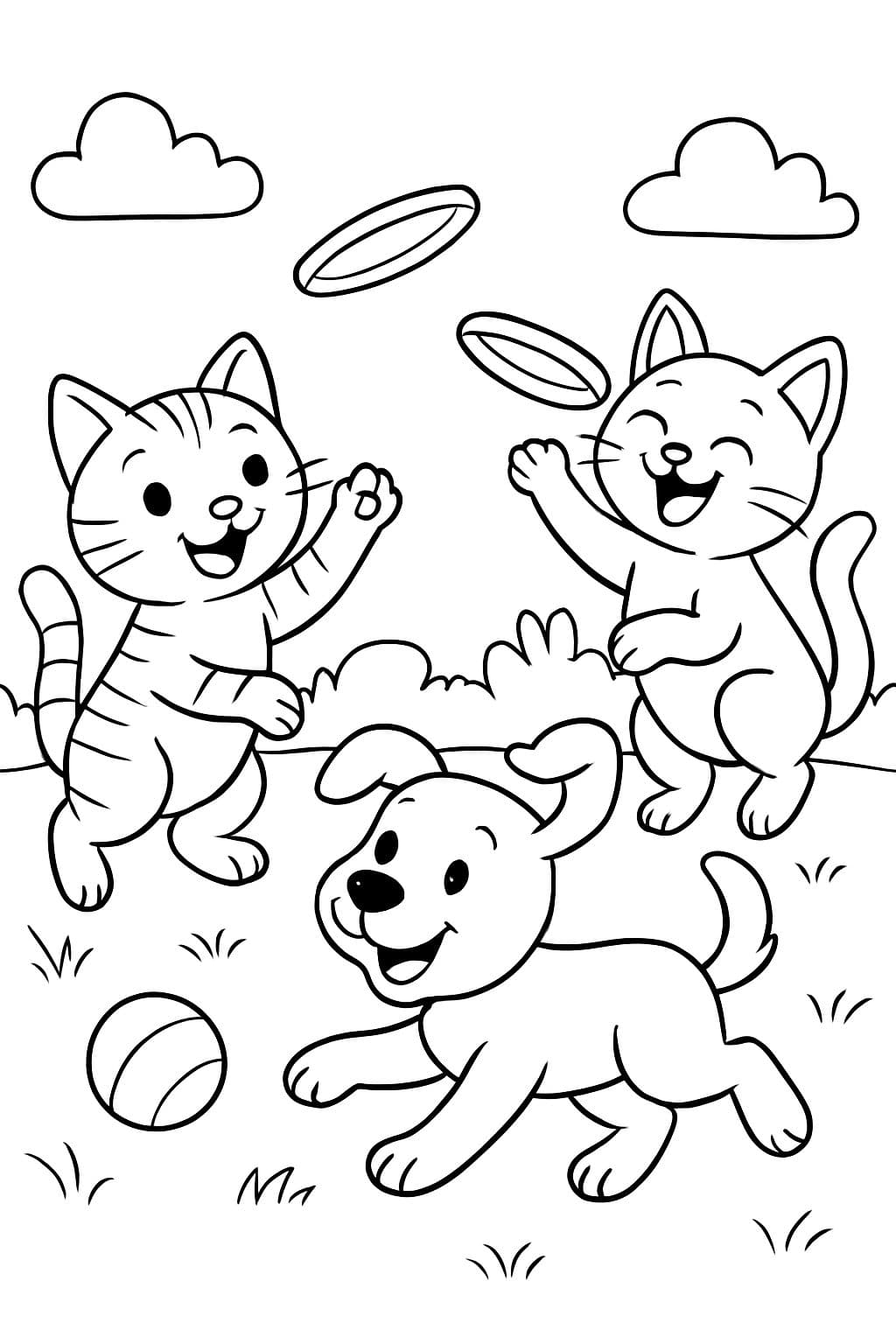 Zwei Kätzchen, zwei Welpen, zwei Frisbees, zwei Bälle, spielen.