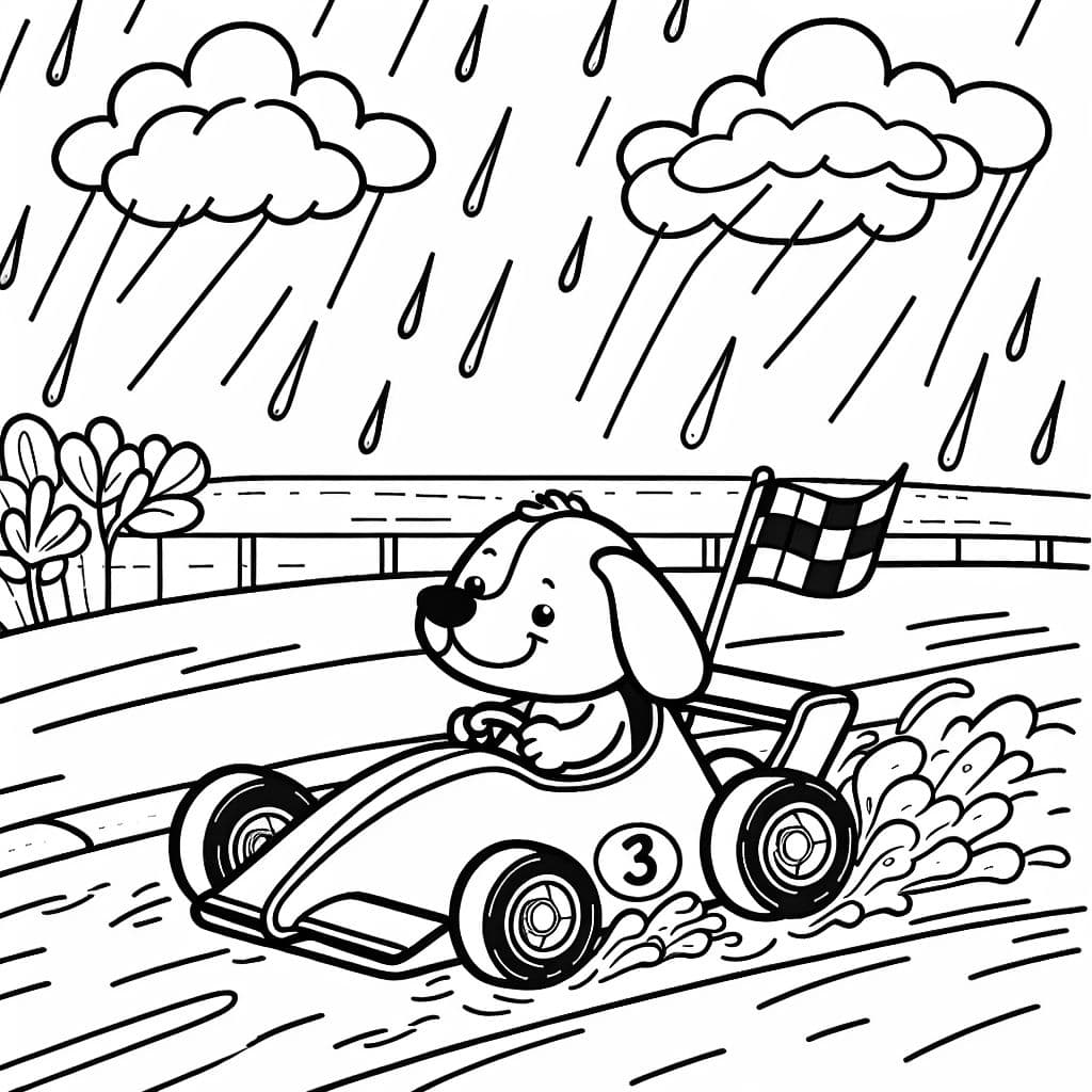 perro conduciendo un coche de carreras en una pista de carreras bajo la lluvia