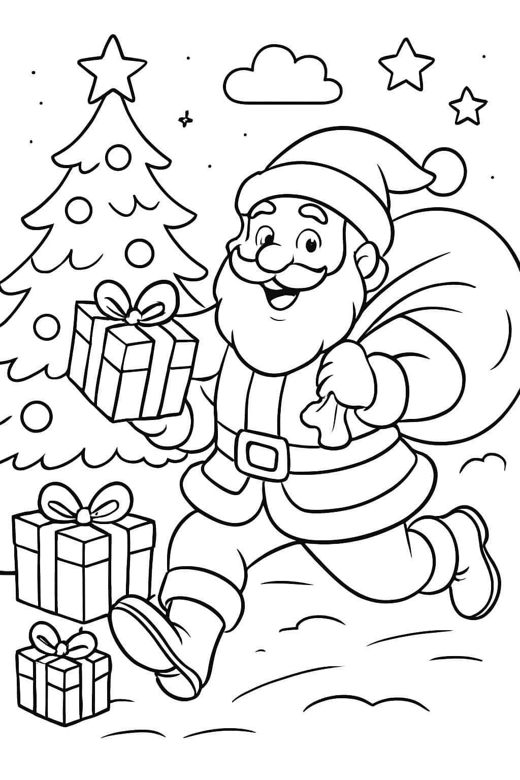 Der Weihnachtsmann bringt Geschenke unter den Baum.