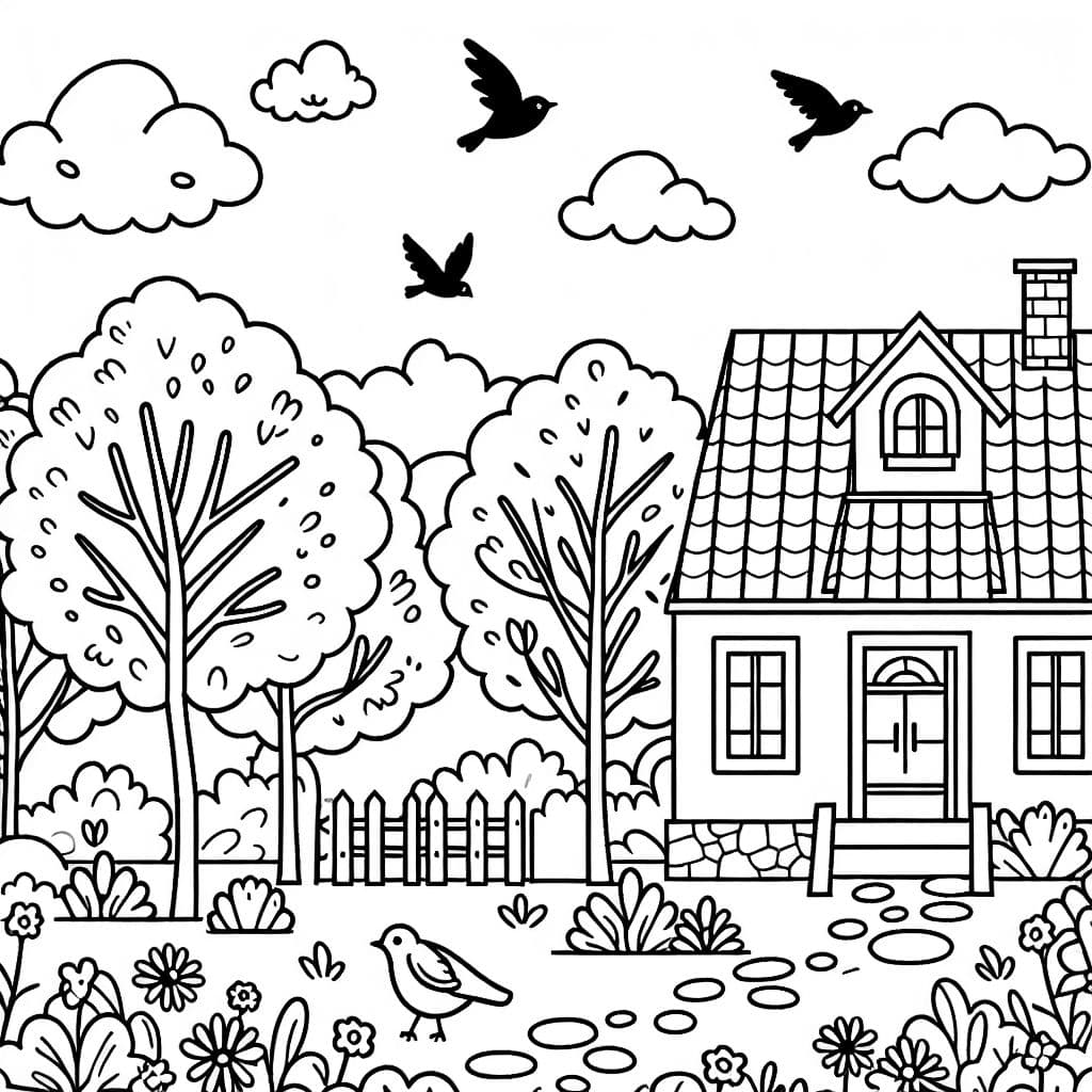 página para colorear simple de líneas negras gruesas. exterior, árboles, edificio, pájaros