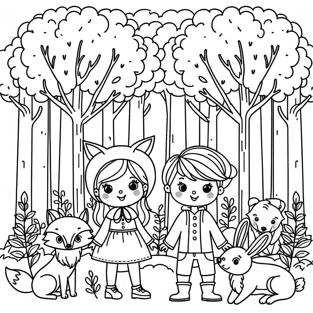 one girl and one boy in the woods together with a wolf a fox and a rabbit