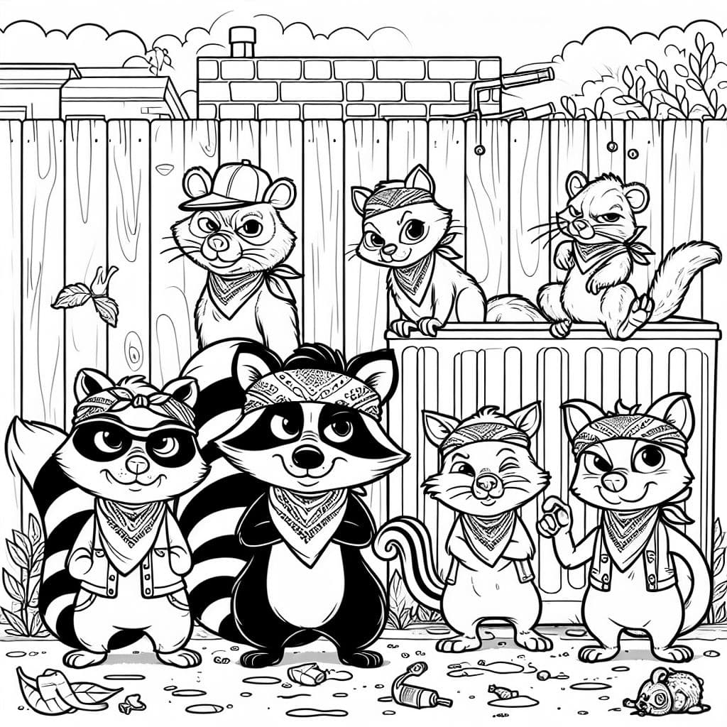 Une bande de voyous avec des bandanas composée d'un raton laveur, d'un putois, d'un opossum, d'un chat des rues, d'un chien des rues et d'un rat.