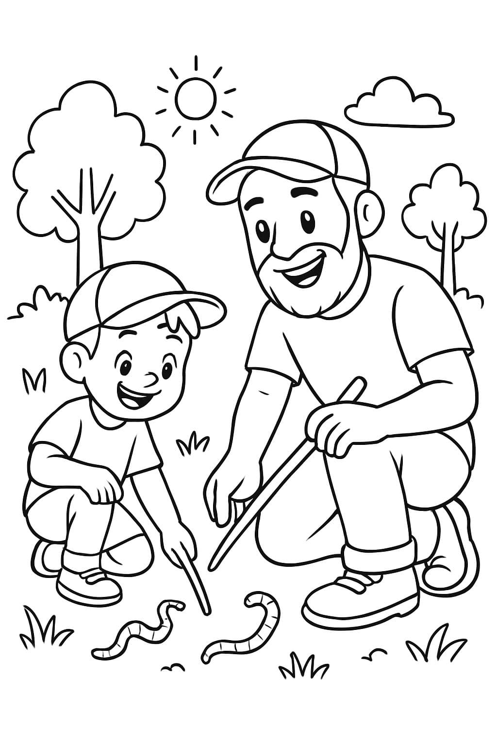 Niño de 4 años y hombre barbudo de 37 años buscando lombrices