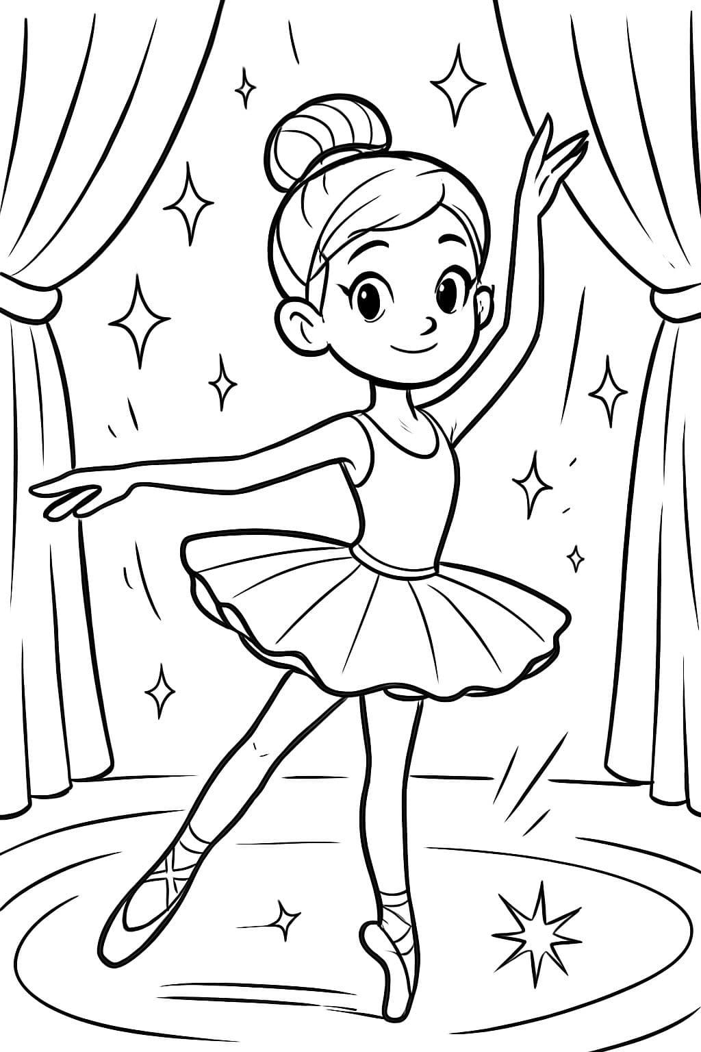 Danseuse de ballet, petite et mince avec un chignon et de grands yeux, petit nez et montrant sa fragilité mais ayant l'air confiante sur scène avec un joli tutu.