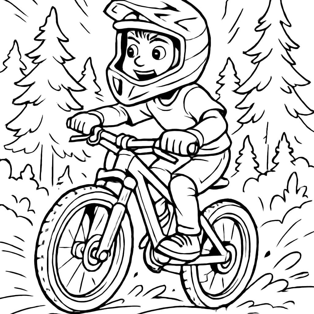 10 year old boy on a mountain bike. In the background, there is a forest. Wearing a full-face helmet