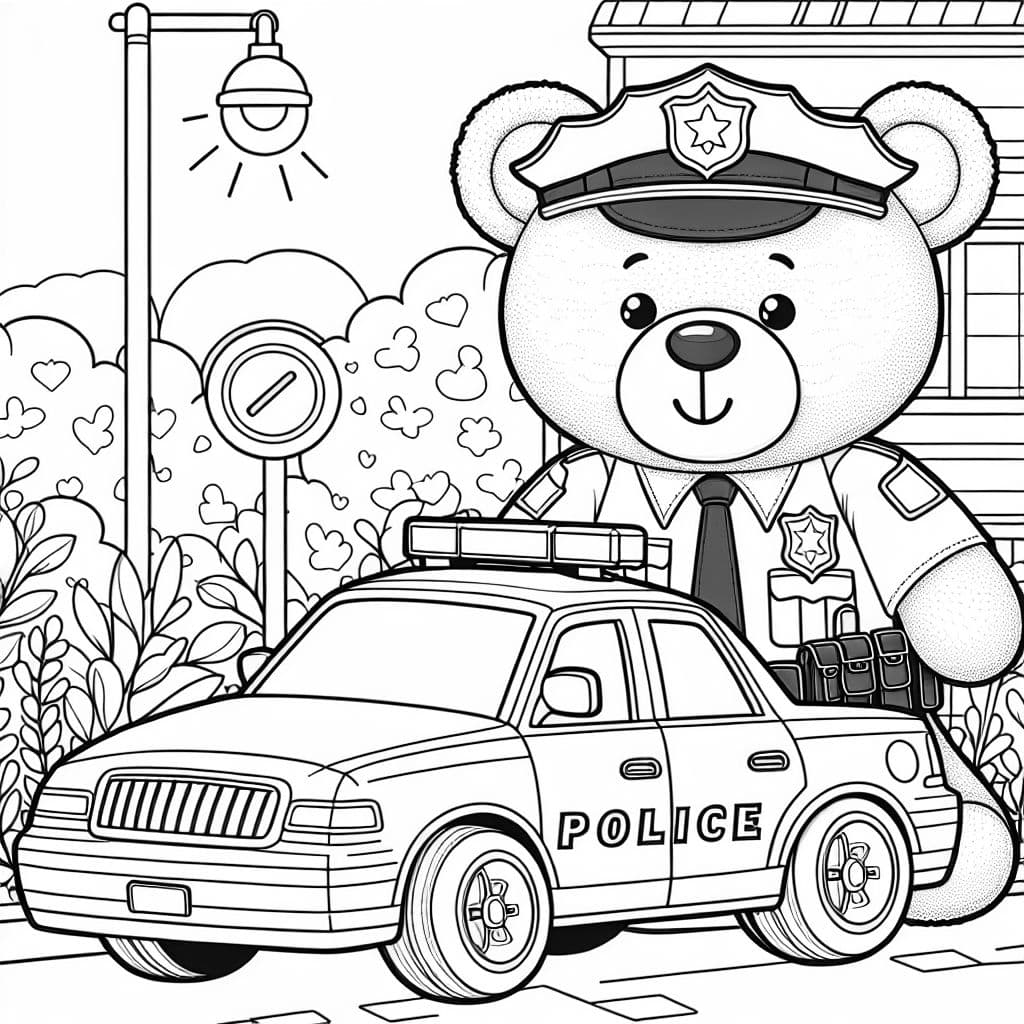 Une voiture de police avec un ours en peluche géant au volant en uniforme de police