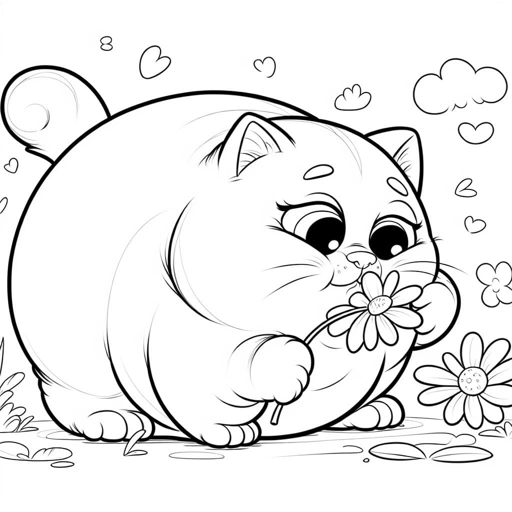 Eine schielende dicke Katze die an einer Blume schnüffelt