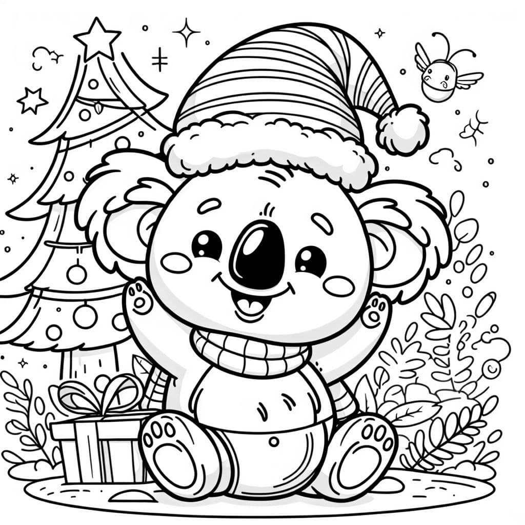 einen koala, der weihnachten feiert. er hat eine mütze auf dem kopf