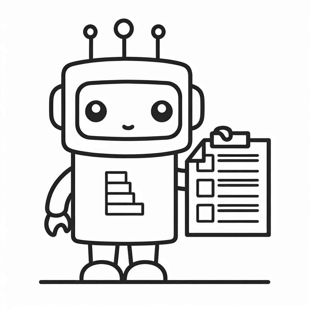 Un pequeño robot de gestión de datos sostiene una lista en su mano.