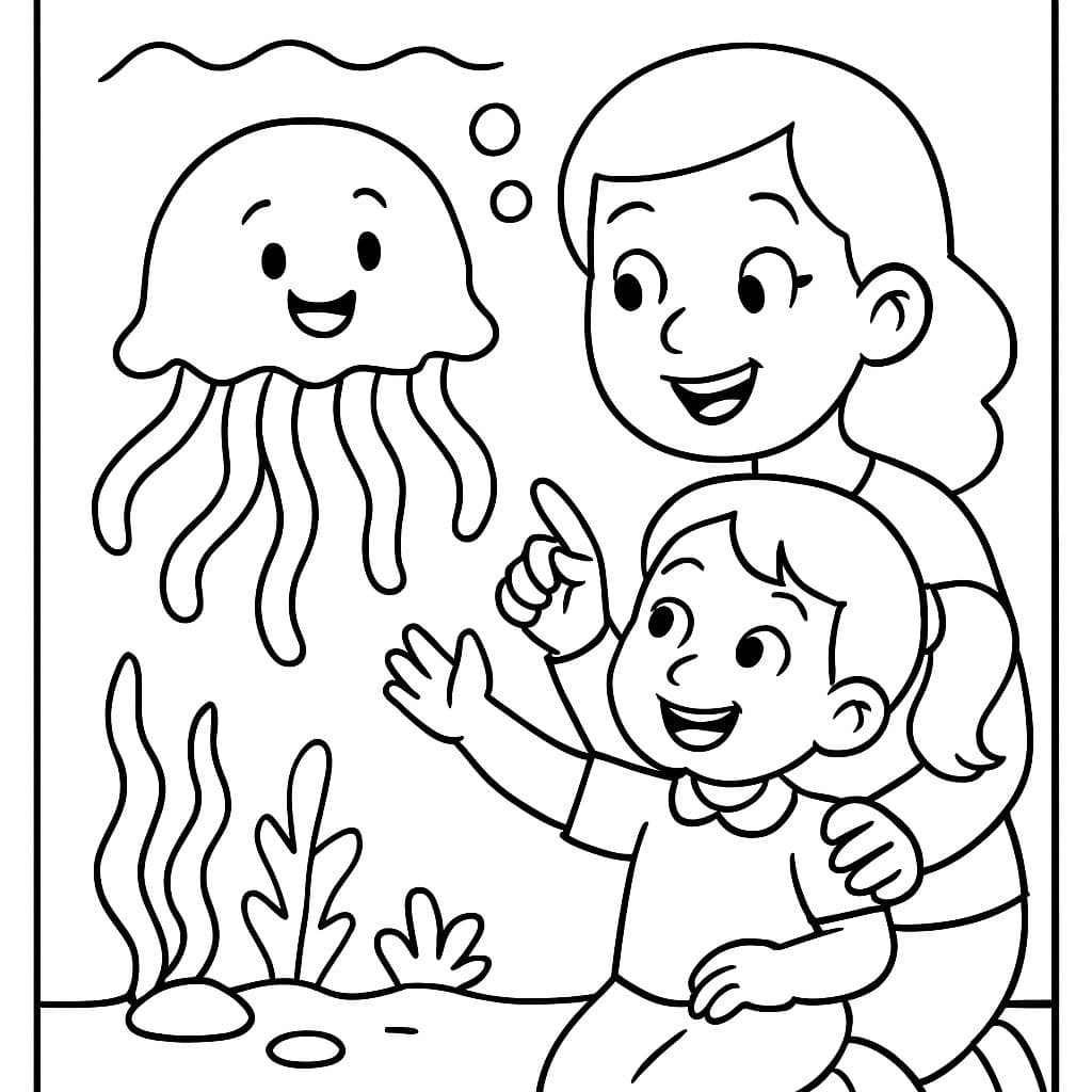 Fille et maman au musée des aquariums regardant des méduses heureuses