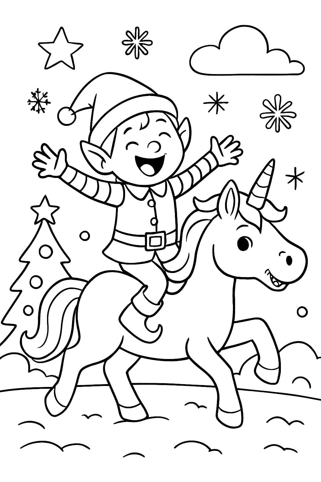 Duende navideño haciendo acrobacias sobre unicornio