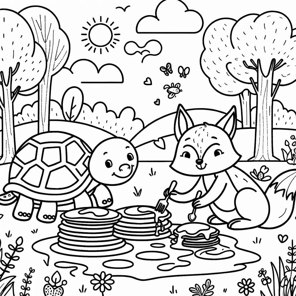 Una tortuga y un zorro haciendo panqueques juntos. Una escena divertida y amigable para colorear.