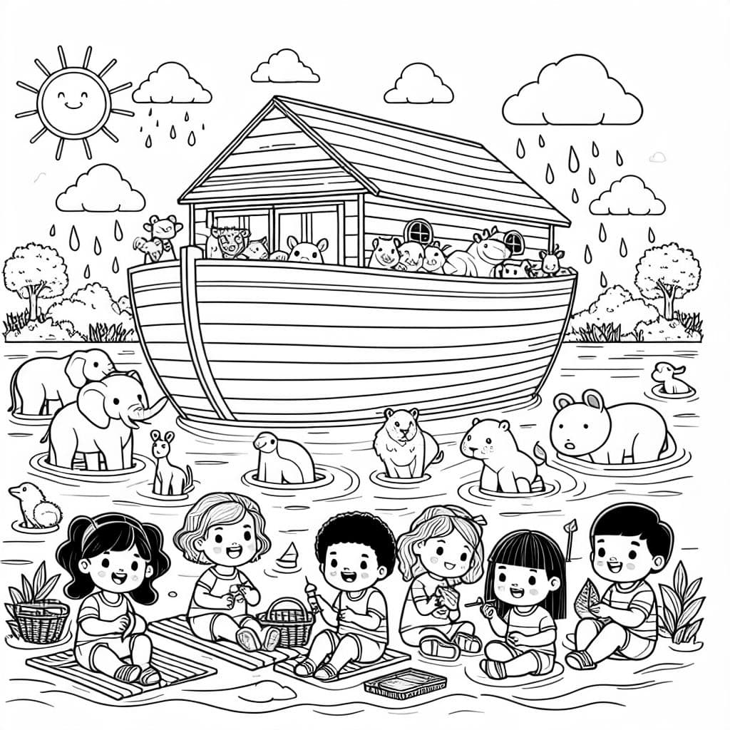 eine Arche Noah mit Kindern, die ein Picknick machen